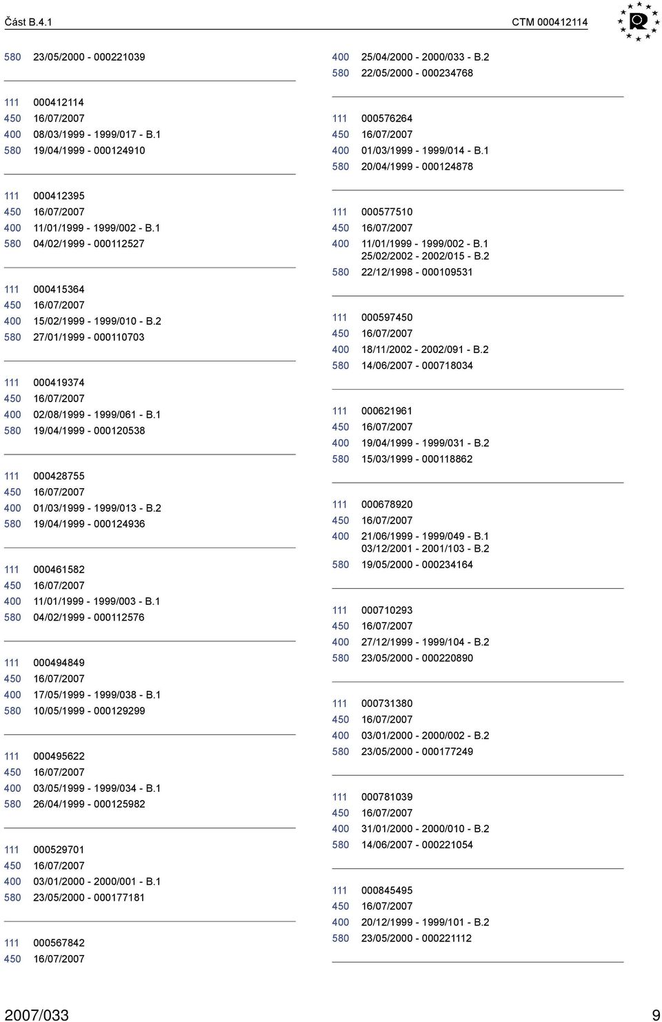 2 27/01/1999-000110703 000597 18/11/2002-2002/091 - B.2 14/06/2007-000718034 000419374 02/08/1999-1999/061 - B.1 19/04/1999-000120538 000621961 19/04/1999-1999/031 - B.