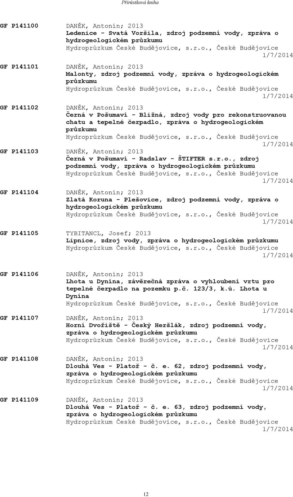 České Budějovice, s.r.o., České Budějovice 1/7/2014 GF P141103 DANĚK, Antonín; 2013 Černá v Pošumaví - Radslav - ŠTIFTER s.r.o., zdroj podzemní vody, zpráva o hydrogeologickém průzkumu Hydroprůzkum České Budějovice, s.