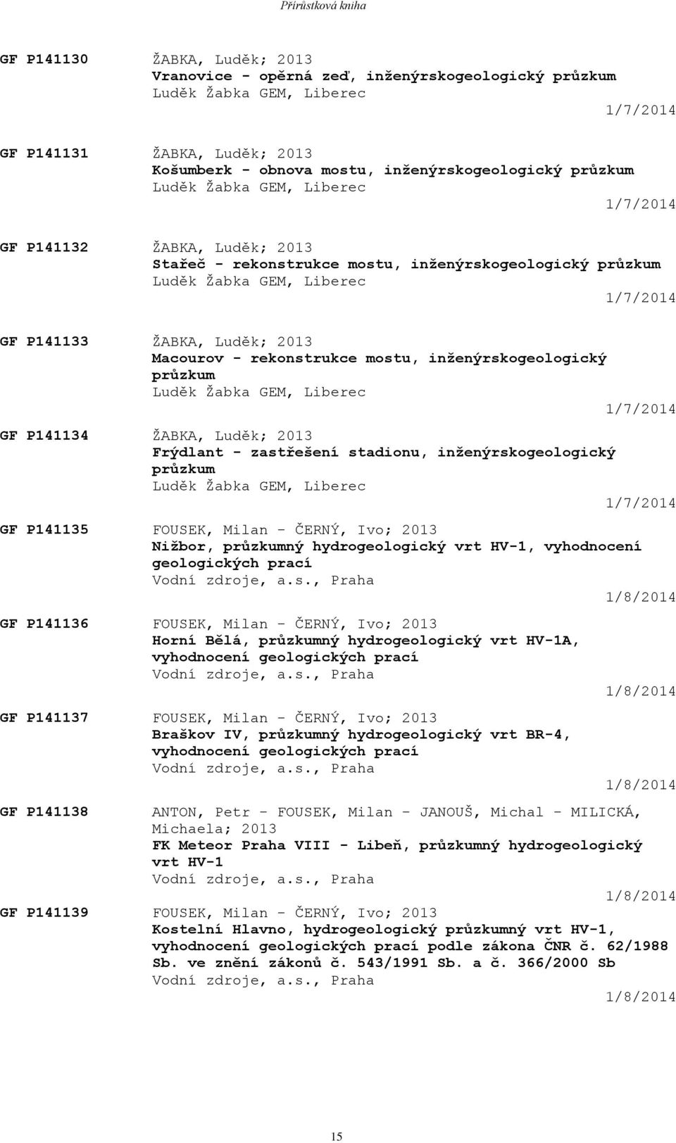 Macourov - rekonstrukce mostu, inženýrskogeologický průzkum Luděk Žabka GEM, Liberec 1/7/2014 GF P141134 ŽABKA, Luděk; 2013 Frýdlant - zastřešení stadionu, inženýrskogeologický průzkum Luděk Žabka