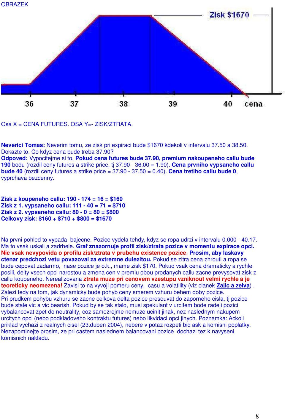 Cena prvniho vypsaneho callu bude 40 (rozdil ceny futures a strike price = 37.90-37.50 = 0.40). Cena tretiho callu bude 0, vyprchava bezcenny. Zisk z koupeneho callu: 190-174 = 16 = $160 Zisk z 1.