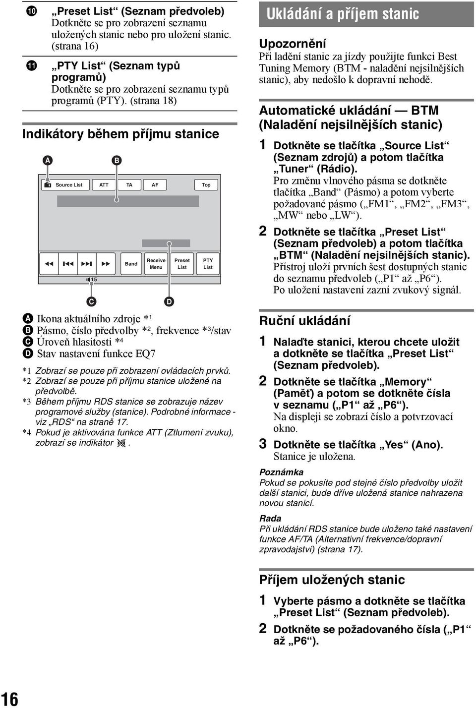 (strana 18) Source List 15 C ATT B TA AF Top Band Receive Menu D Preset List A Ikona aktuálního zdroje * 1 B Pásmo, číslo předvolby * 2, frekvence * 3 /stav C Úroveň hlasitosti * 4 D Stav nastavení