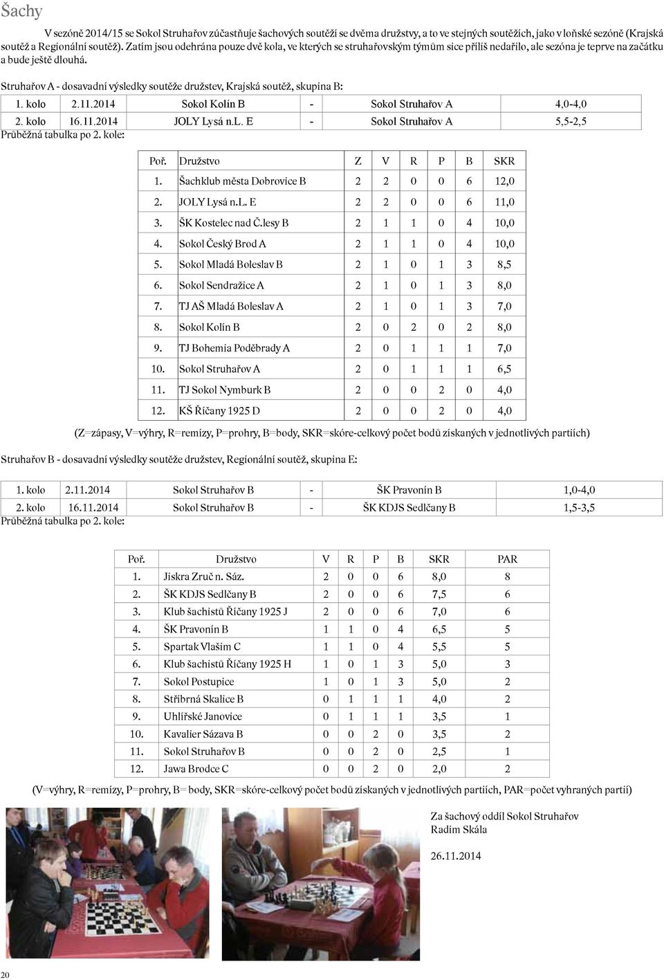 Struhařov A - dosavadní výsledky soutěže družstev, Krajská soutěž, skupina B: 1. kolo 2.11.2014 Sokol Kolín B - Sokol Struhařov A 4,0-4,0 2. kolo 16.11.2014 JOLY Lysá n.l. E - Sokol Struhařov A 5,5-2,5 Průběžná tabulka po 2.