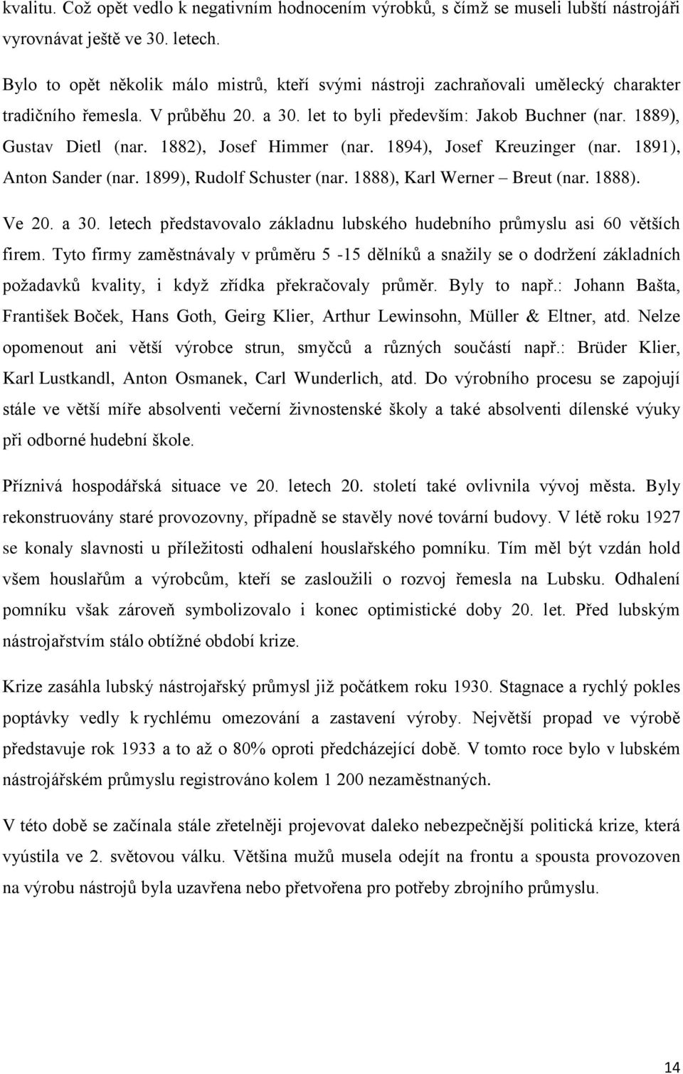 1882), Josef Himmer (nar. 1894), Josef Kreuzinger (nar. 1891), Anton Sander (nar. 1899), Rudolf Schuster (nar. 1888), Karl Werner Breut (nar. 1888). Ve 20. a 30.