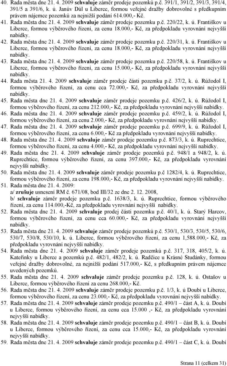 Františkov u Liberce, formou výběrového řízení, za cenu 18.000,- Kč, za předpokladu vyrovnání nejvyšší nabídky. 42. Rada města dne 21. 4. 2009 záměr prodeje pozemku p.č. 220/31, k. ú.