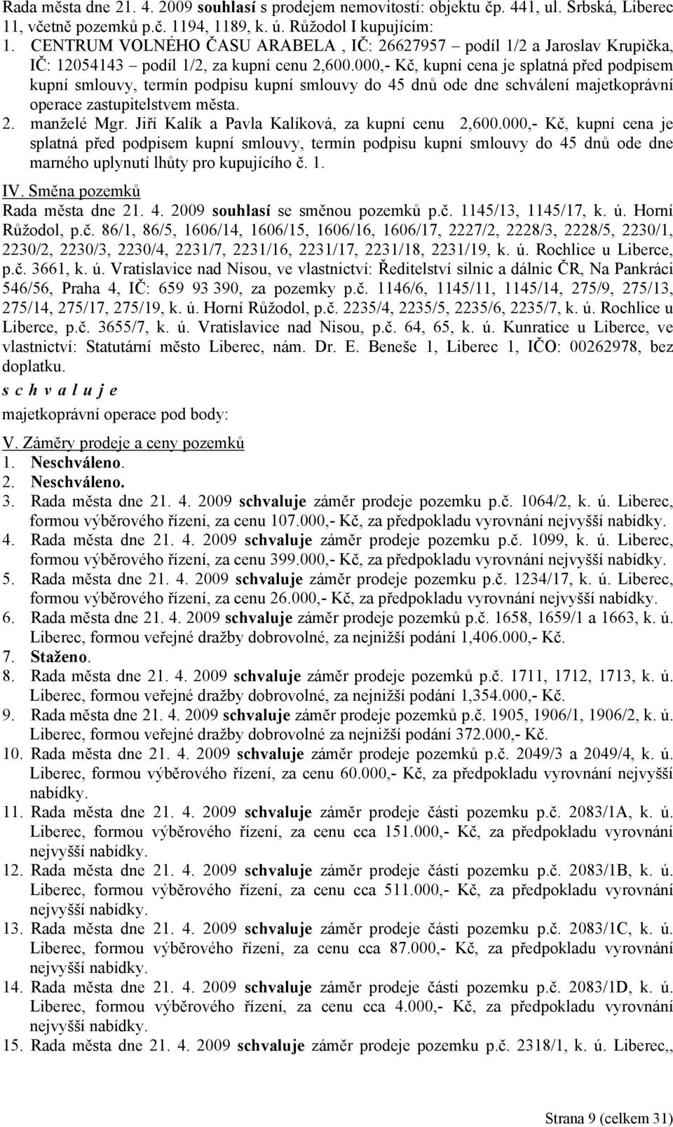 000,- Kč, kupní cena je splatná před podpisem kupní smlouvy, termín podpisu kupní smlouvy do 45 dnů ode dne schválení majetkoprávní operace zastupitelstvem města. 2. manželé Mgr.