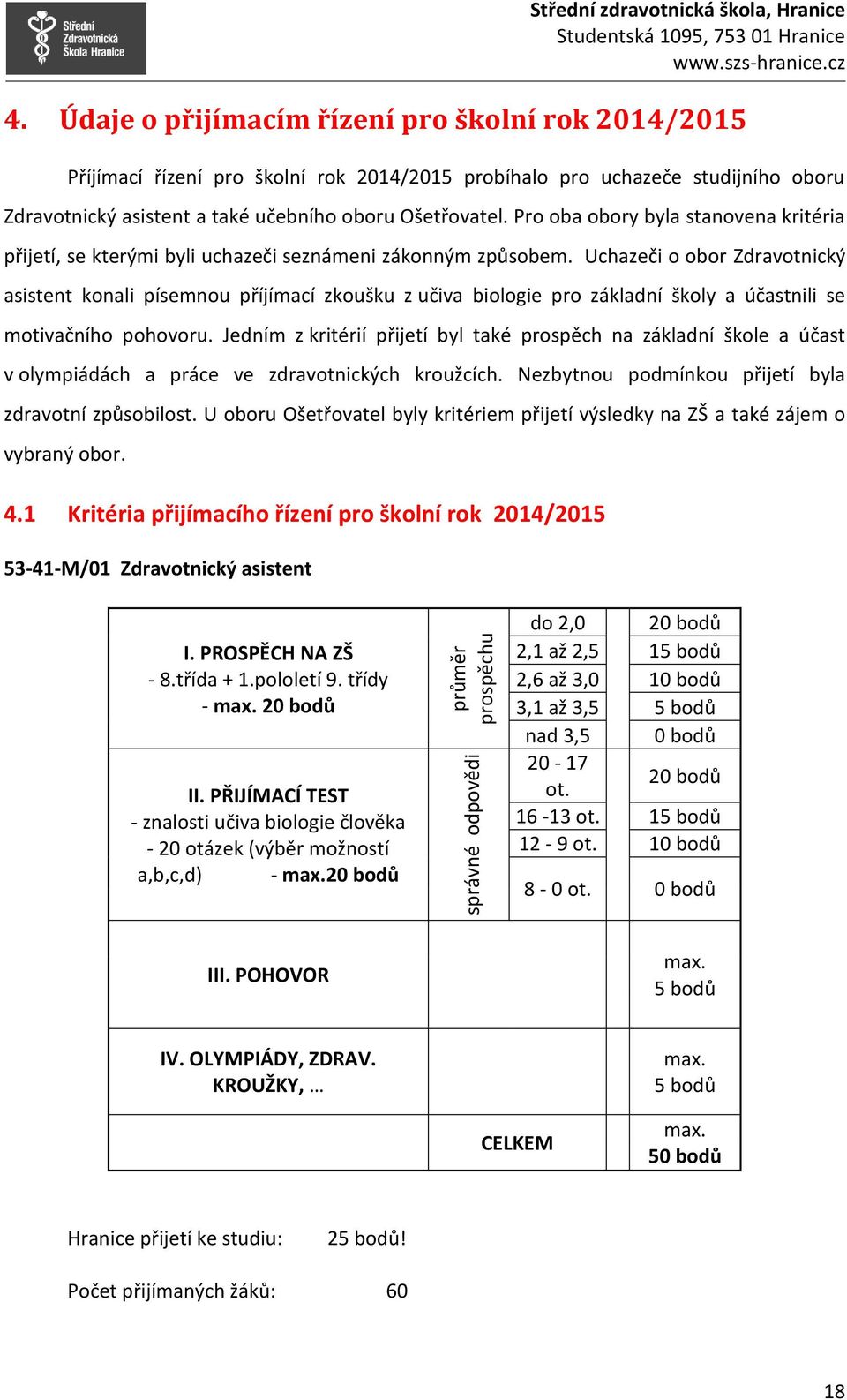 Uchazeči o obor Zdravotnický asistent konali písemnou příjímací zkoušku z učiva biologie pro základní školy a účastnili se motivačního pohovoru.