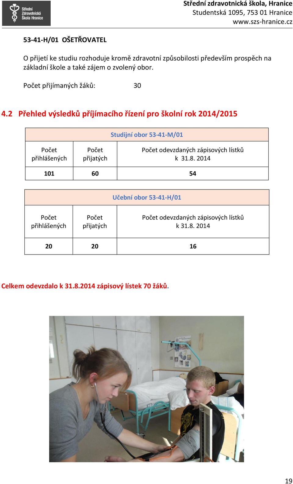 2 Přehled výsledků příjímacího řízení pro školní rok 2014/2015 Studijní obor 53-41-M/01 Počet přihlášených Počet přijatých Počet