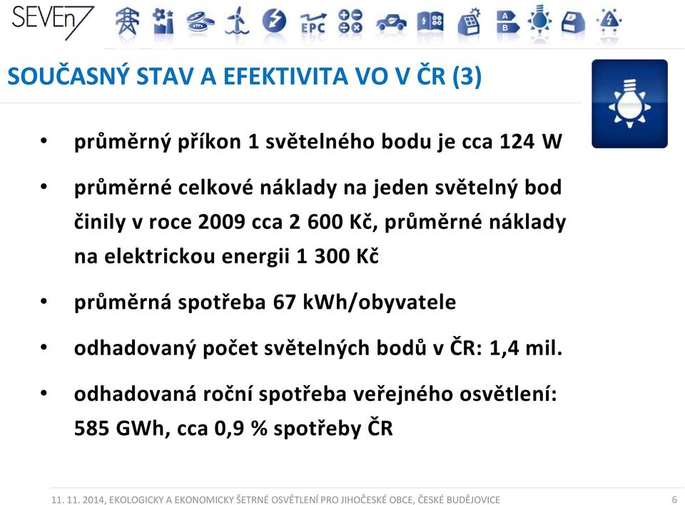 spotřeba 67 kwh/obyvatele odhadovaný počet světelných bodů v ČR: 1,4 mil.