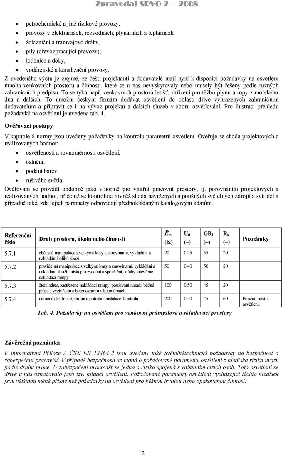 Z uvedeného výčtu je zřejmé, ţe čeští projektanti a dodavatelé mají nyní k dispozici poţadavky na osvětlení mnoha venkovních prostorů a činností, které se u nás nevyskytovaly nebo musely být řešeny