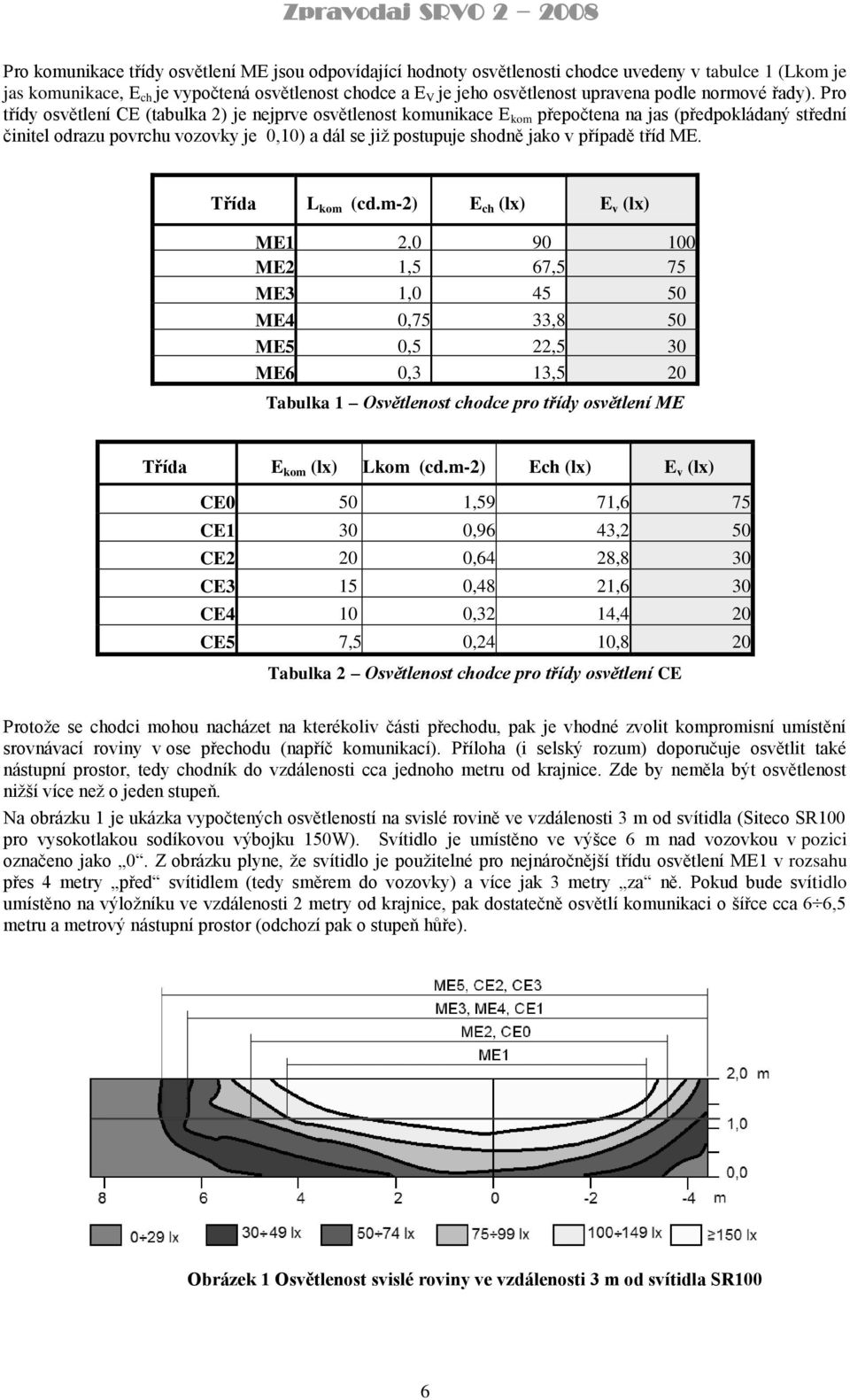 Pro třídy osvětlení CE (tabulka 2) je nejprve osvětlenost komunikace E kom přepočtena na jas (předpokládaný střední činitel odrazu povrchu vozovky je 0,10) a dál se jiţ postupuje shodně jako v