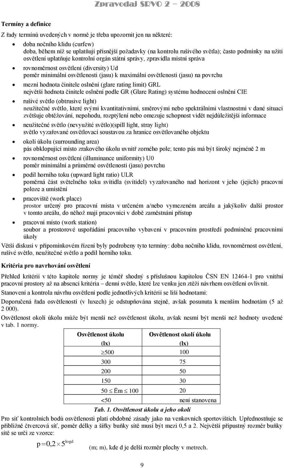 (jasu) na povrchu mezní hodnota činitele oslnění (glare rating limit) GRL největší hodnota činitele oslnění podle GR (Glare Rating) systému hodnocení oslnění CIE rušivé světlo (obtrusive light)