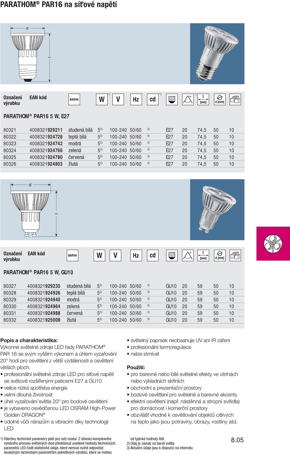 20 74,5 50 10 80326 4008321924803 žlutá 5 2) 100-240 50/60 3) E27 20 74,5 50 10 PARATHOM PAR16 5 W, GU10 80327 4008321929235 studená bílá 5 2) 100-240 50/60 3) GU10 20 59 50 10 80328 4008321924926