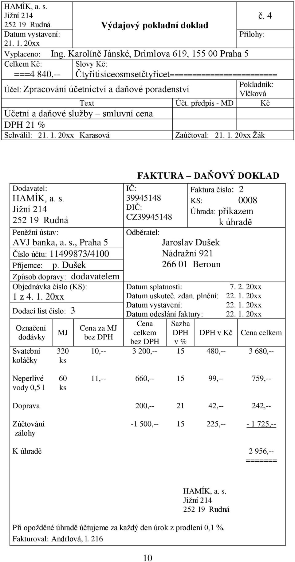 21. 1. 20xx Karasová č. 4 Účt. předpis - Kč 21. 1. 20xx Žák odavatel: Peněžní ústav: AVJ banka, a. s., Praha 5 Číslo účtu: 11499873/4100 Příjemce: p.