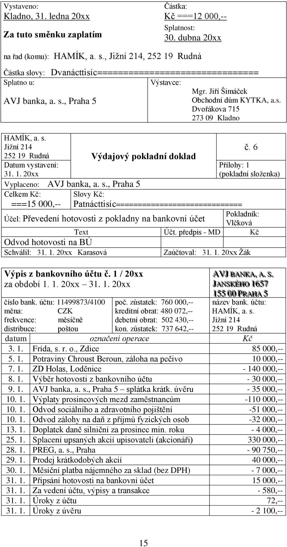 1. 20xx Karasová Mgr. Jiří Šimáček Obchodní dům KYTKA, a.s. vořákova 715 273 09 Kladno č. 6 Přílohy: 1 (pokladní složenka) Patnácttisíc============================= Účt.