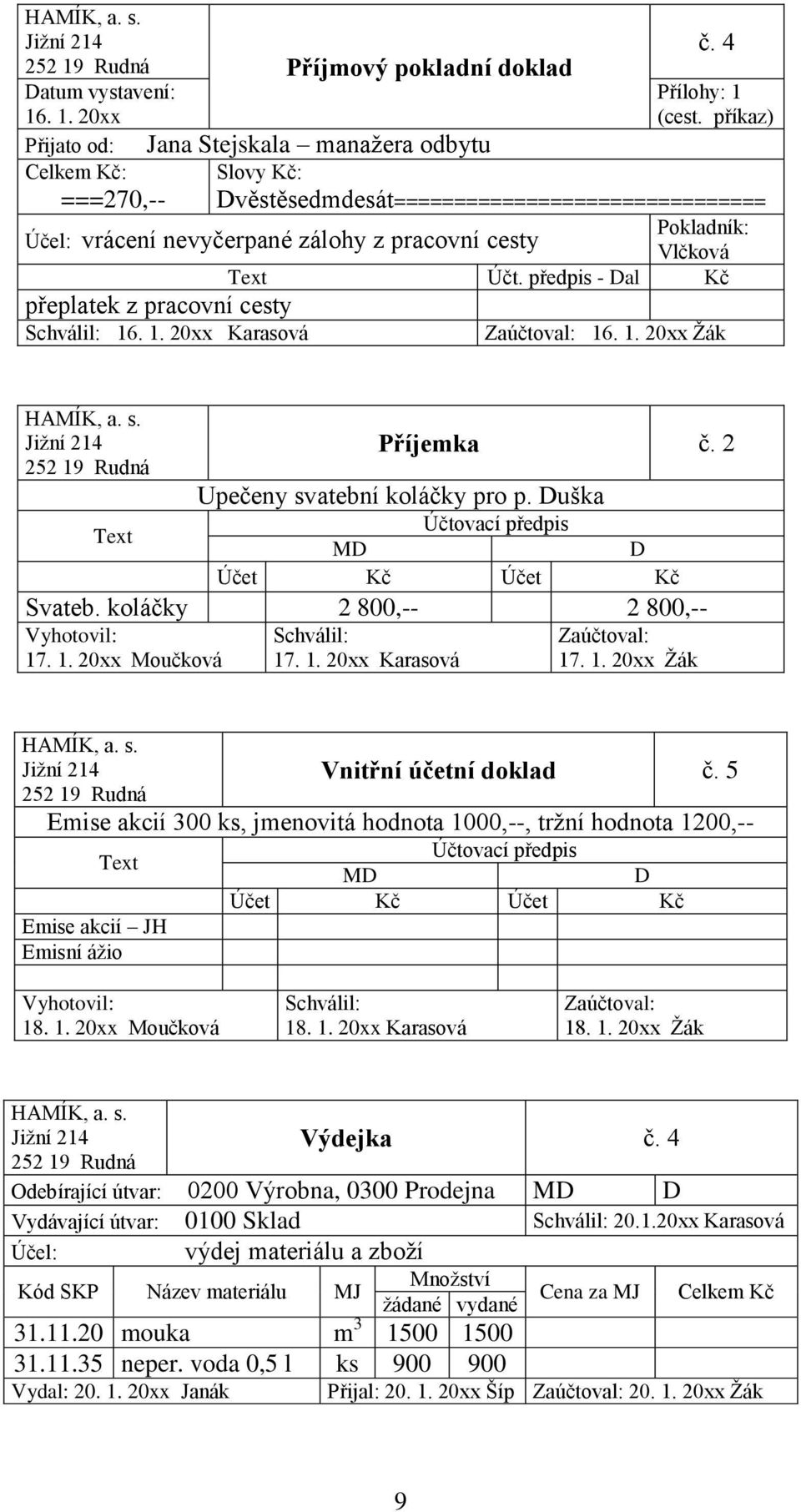 1. 20xx Moučková 17. 1. 20xx Karasová 17. 1. 20xx Žák Vnitřní účetní doklad č. 5 Emise akcií 300 ks, jmenovitá hodnota 1000,--, tržní hodnota 1200,-- Emise akcií JH Emisní ážio 18. 1. 20xx Moučková 18.