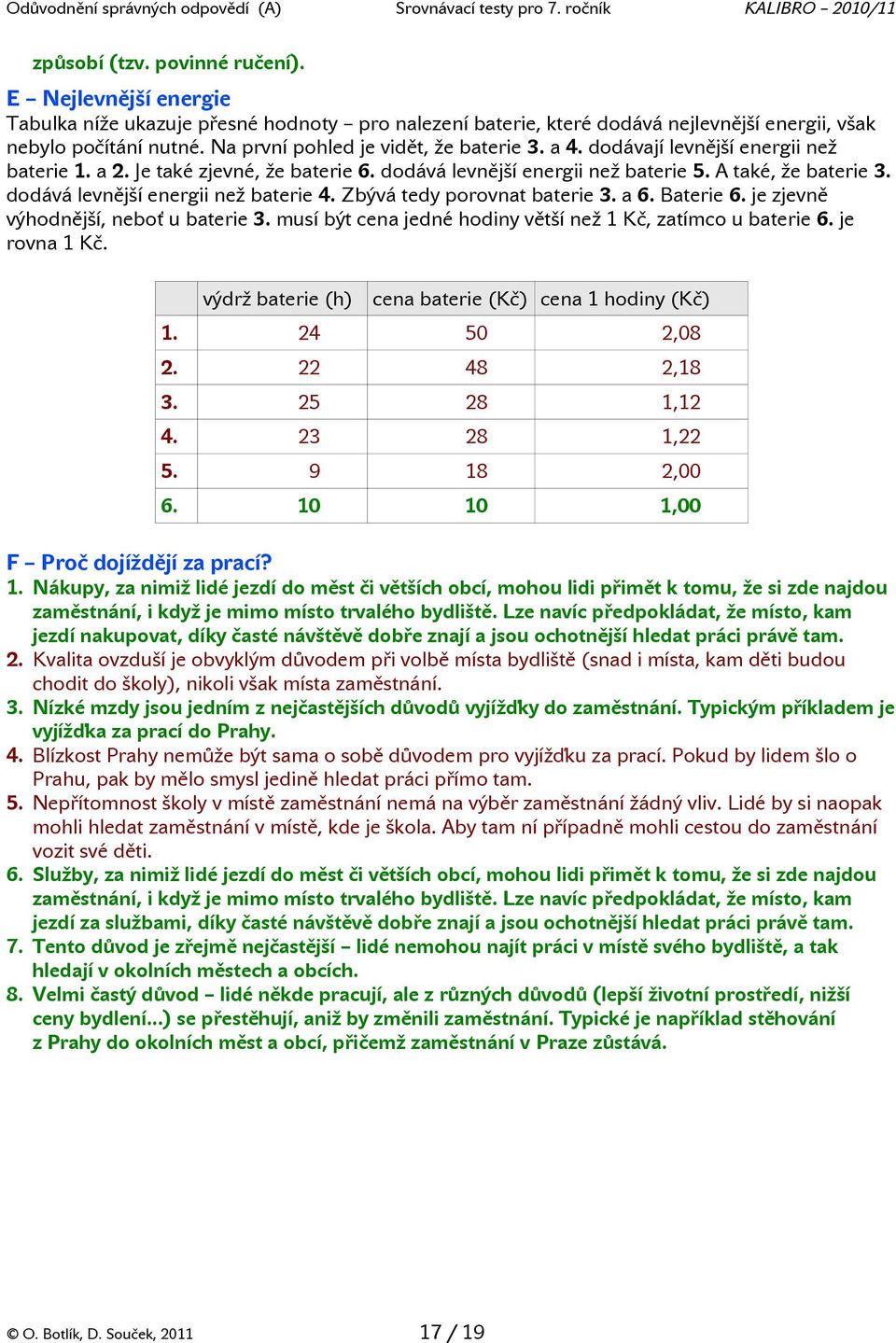 dodává levnější energii než baterie 4. Zbývá tedy porovnat baterie 3. a 6. Baterie 6. je zjevně výhodnější, neboť u baterie 3. musí být cena jedné hodiny větší než 1 Kč, zatímco u baterie 6.