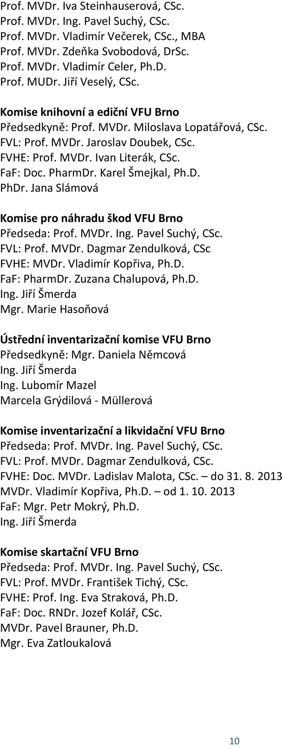 Karel Šmejkal, Ph.D. PhDr. Jana Slámová Komise pro náhradu škod VFU Brno Předseda: Prof. MVDr. Ing. Pavel Suchý, CSc. FVL: Prof. MVDr. Dagmar Zendulková, CSc FVHE: MVDr. Vladimír Kopřiva, Ph.D. FaF: PharmDr.