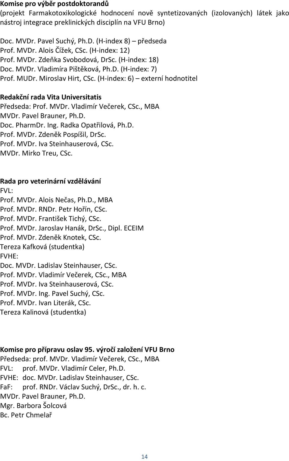 (H-index: 6) externí hodnotitel Redakční rada Vita Universitatis Předseda: Prof. MVDr. Vladimír Večerek, CSc., MBA MVDr. Pavel Brauner, Ph.D. Doc. PharmDr. Ing. Radka Opatřilová, Ph.D. Prof. MVDr. Zdeněk Pospíšil, DrSc.