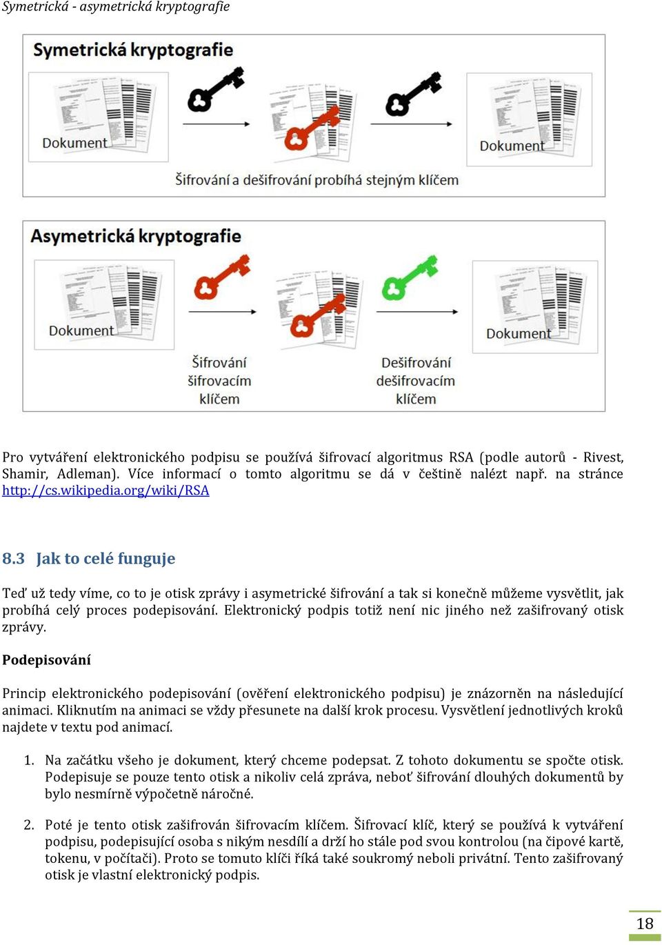 3 Jak to celé funguje Teď už tedy víme, co to je otisk zprávy i asymetrické šifrování a tak si konečně můžeme vysvětlit, jak probíhá celý proces podepisování.