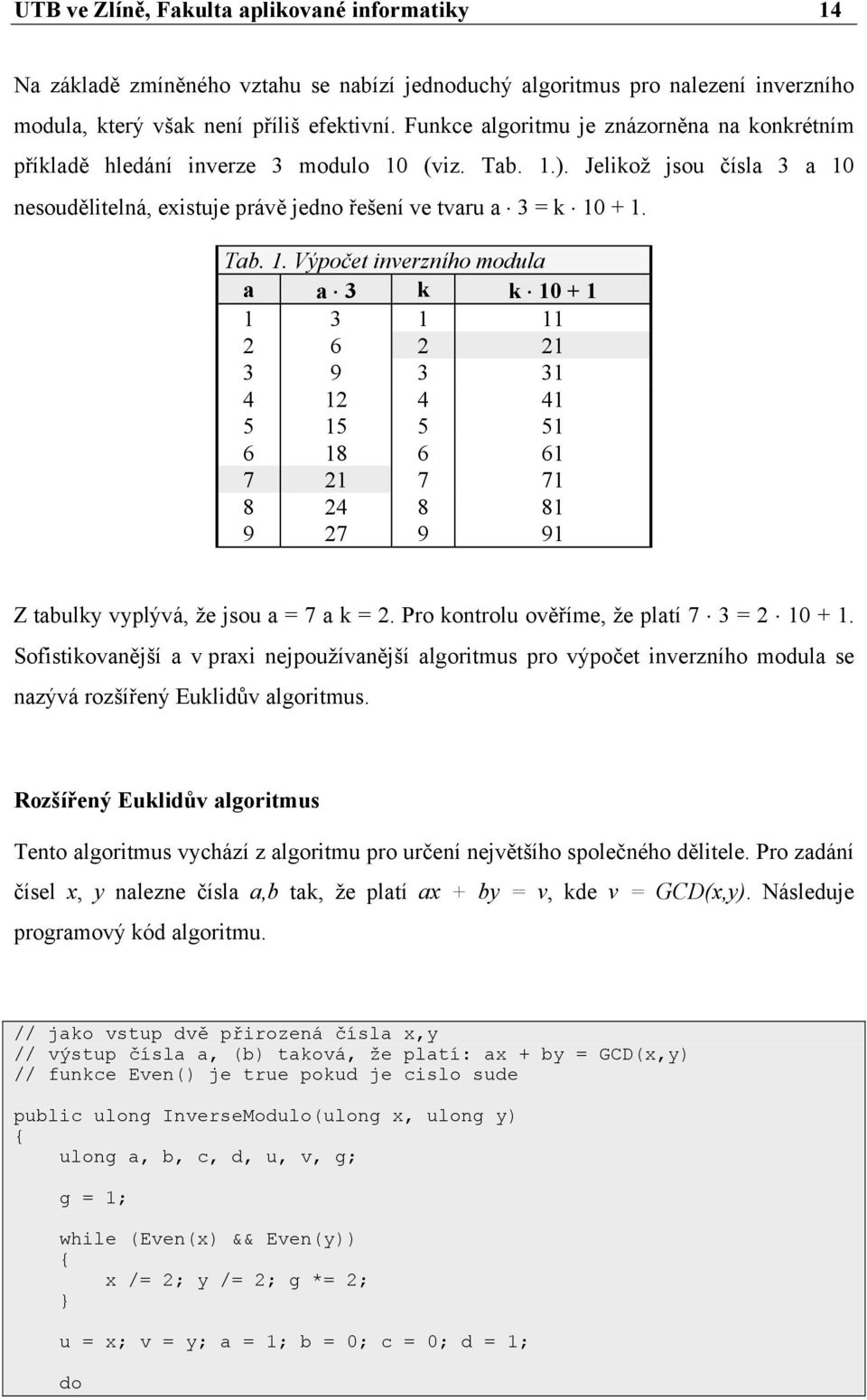 (viz. Tab. 1.). Jelikož jsou čísla 3 a 10 nesoudělitelná, existuje právě jedno řešení ve tvaru a 3 = k 10 + 1. Tab. 1. Výpočet inverzního modula a a 3 k k 10 + 1 1 3 1 11 2 6 2 21 3 9 3 31 4 12 4 41 5 15 5 51 6 18 6 61 7 21 7 71 8 24 8 81 9 27 9 91 Z tabulky vyplývá, že jsou a = 7 a k = 2.