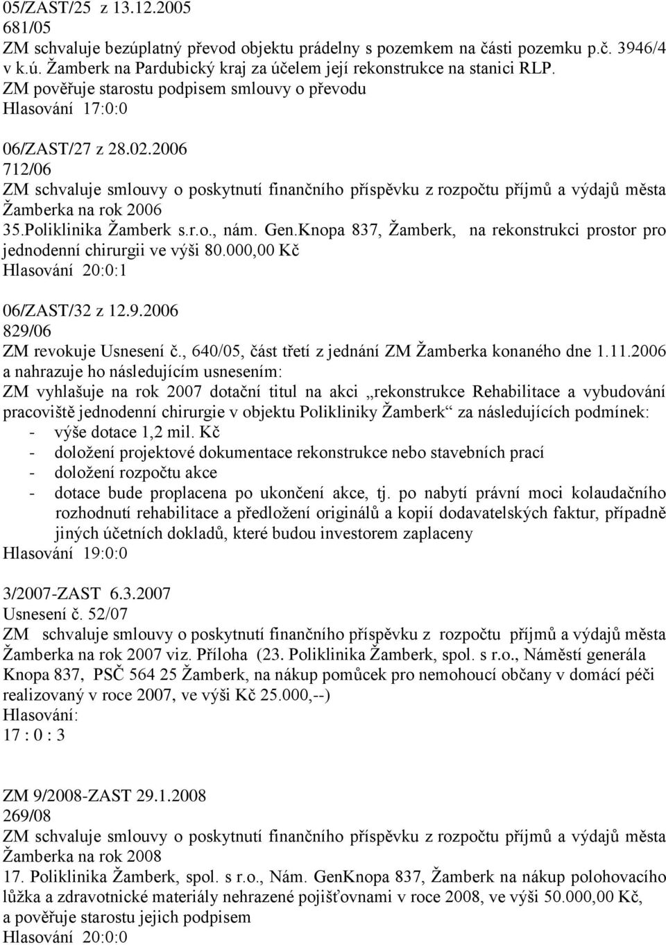 2006 712/06 ZM schvaluje smlouvy o poskytnutí finančního příspěvku z rozpočtu příjmů a výdajů města Žamberka na rok 2006 35.Poliklinika Žamberk s.r.o., nám. Gen.