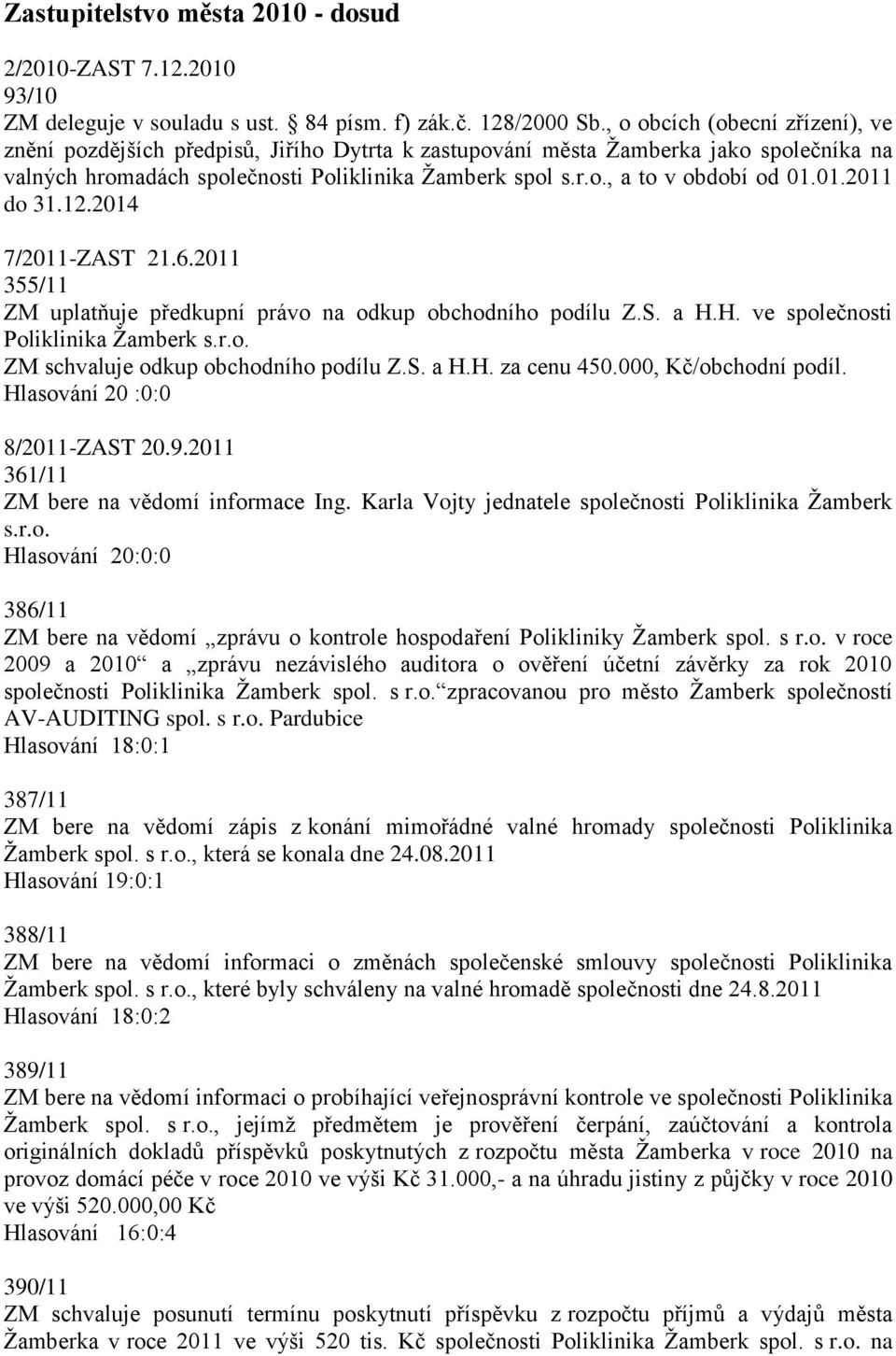 01.2011 do 31.12.2014 7/2011-ZAST 21.6.2011 355/11 ZM uplatňuje předkupní právo na odkup obchodního podílu Z.S. a H.H. ve společnosti Poliklinika Žamberk s.r.o. ZM schvaluje odkup obchodního podílu Z.