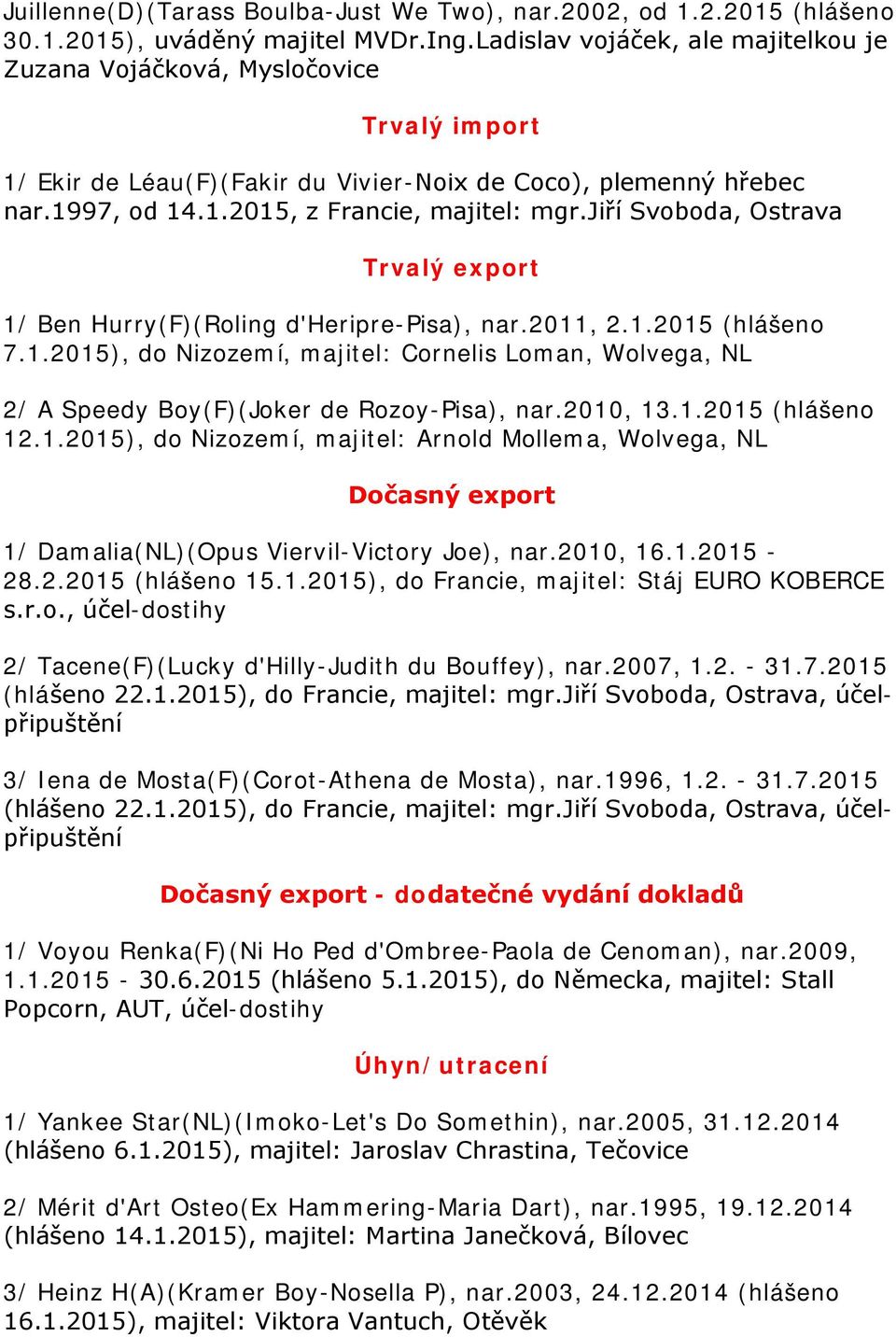 jiří Svoboda, Ostrava Trvalý export 1/ Ben Hurry(F)(Roling d'heripre-pisa), nar.2011, 2.1.2015 (hlášeno 7.1.2015), do Nizozemí, majitel: Cornelis Loman, Wolvega, NL 2/ A Speedy Boy(F)(Joker de Rozoy-Pisa), nar.