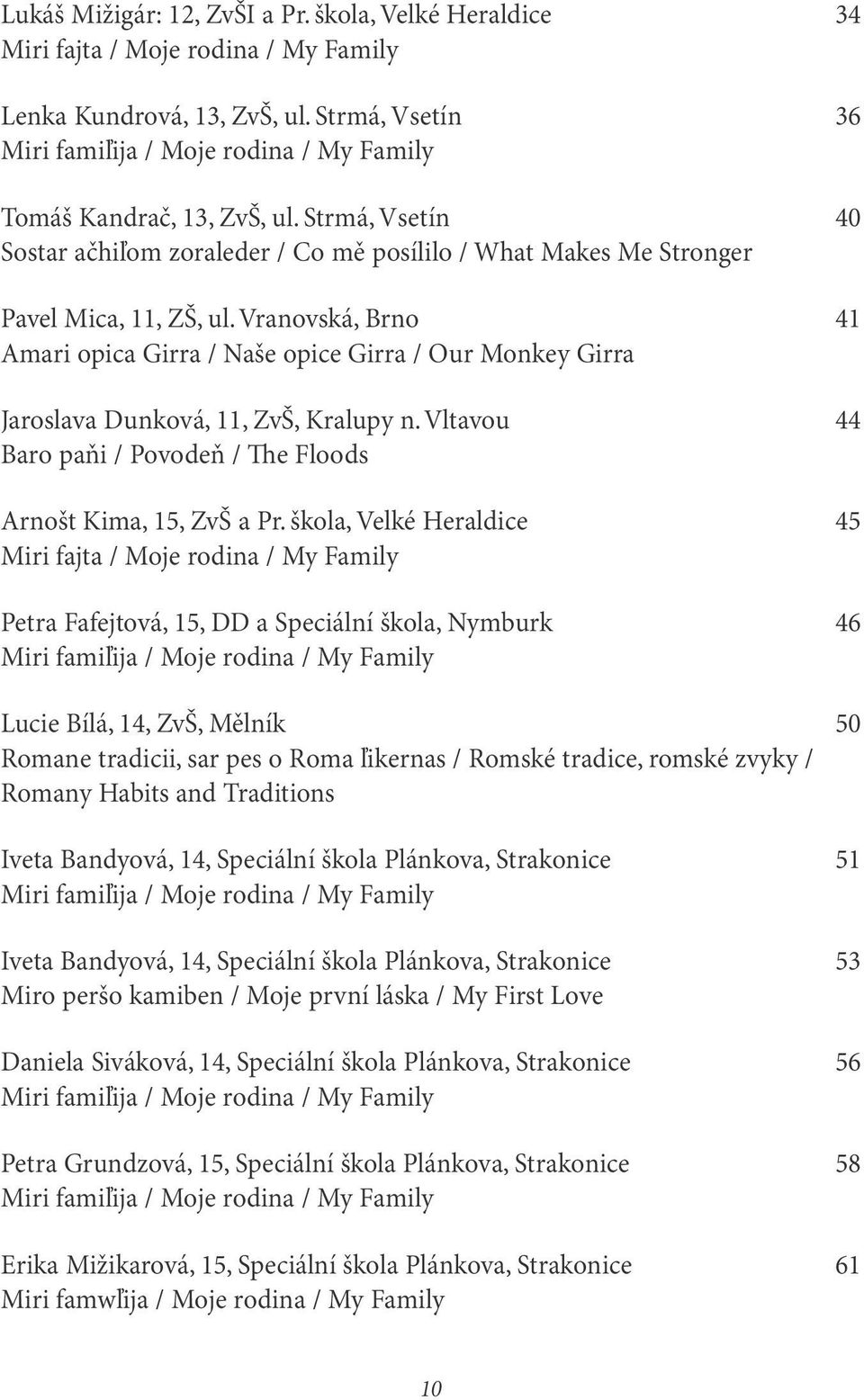 Vranovská, Brno 41 Amari opica Girra / Naše opice Girra / Our Monkey Girra Jaroslava Dunková, 11, ZvŠ, Kralupy n. Vltavou 44 Baro paňi / Povodeň / e Floods Arnošt Kima, 15, ZvŠ a Pr.