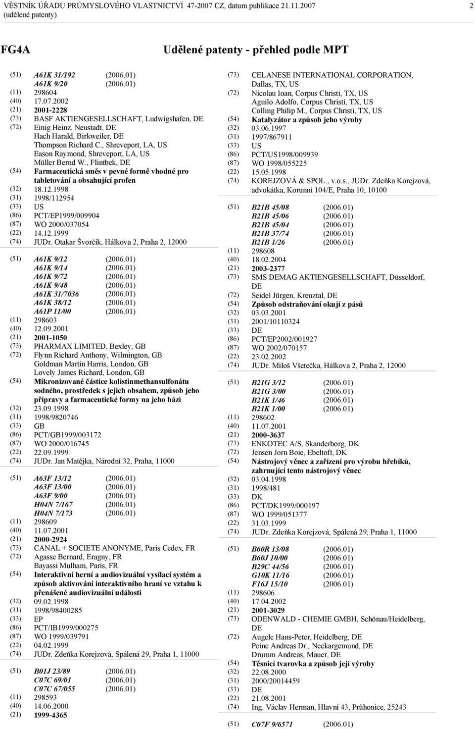 , Flintbek, DE Farmaceutická směs v pevné formě vhodné pro tabletování a obsahující profen 18.12.1998 1998/112954 US PCT/EP1999/009904 WO 2000/037054 14.12.1999 JUDr.