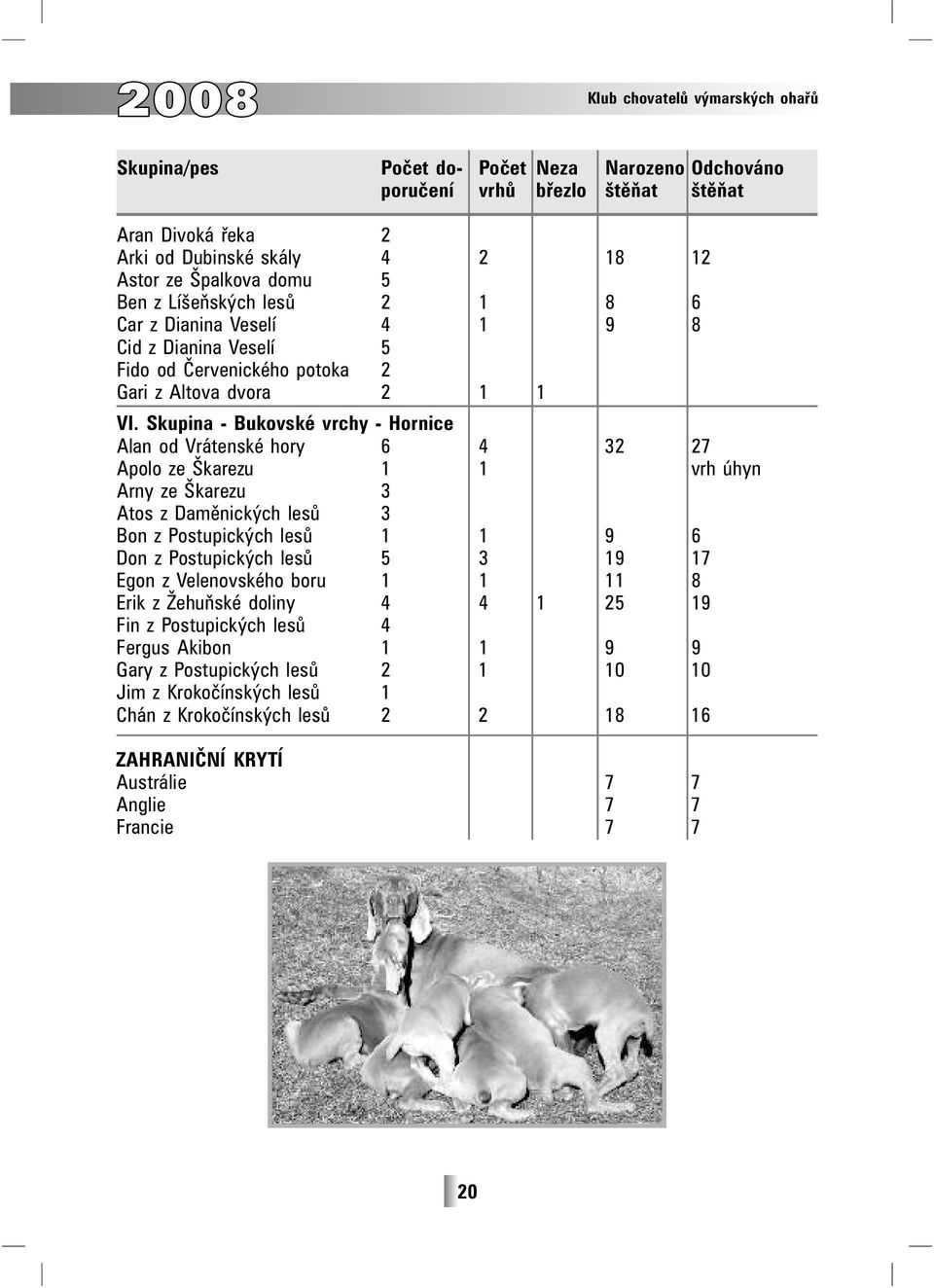 Skupina - Bukovské vrchy - Hornice Alan od Vrátenské hory 6 4 32 27 Apolo ze Škarezu 1 1 vrh úhyn Arny ze Škarezu 3 Atos z Daměnických lesů 3 Bon z Postupických lesů 1 1 9 6 Don z Postupických lesů 5