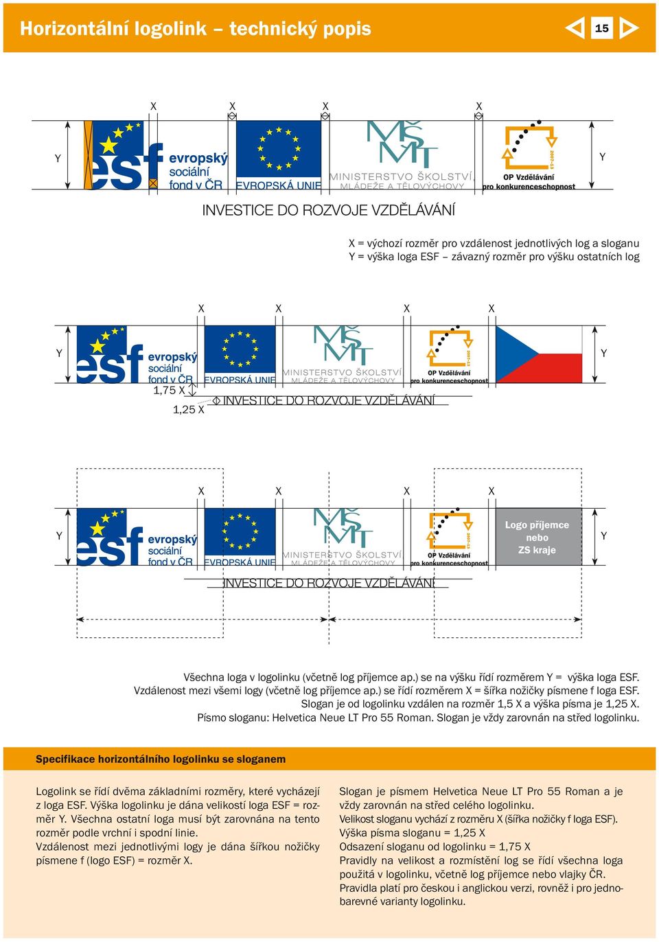 ) se řídí rozměrem = šířka nožičky písmene f loga ESF. Slogan je od logolinku vzdálen na rozměr 1,5 a výška písma je 1,25. Písmo sloganu: Helvetica Neue LT Pro 55 Roman.