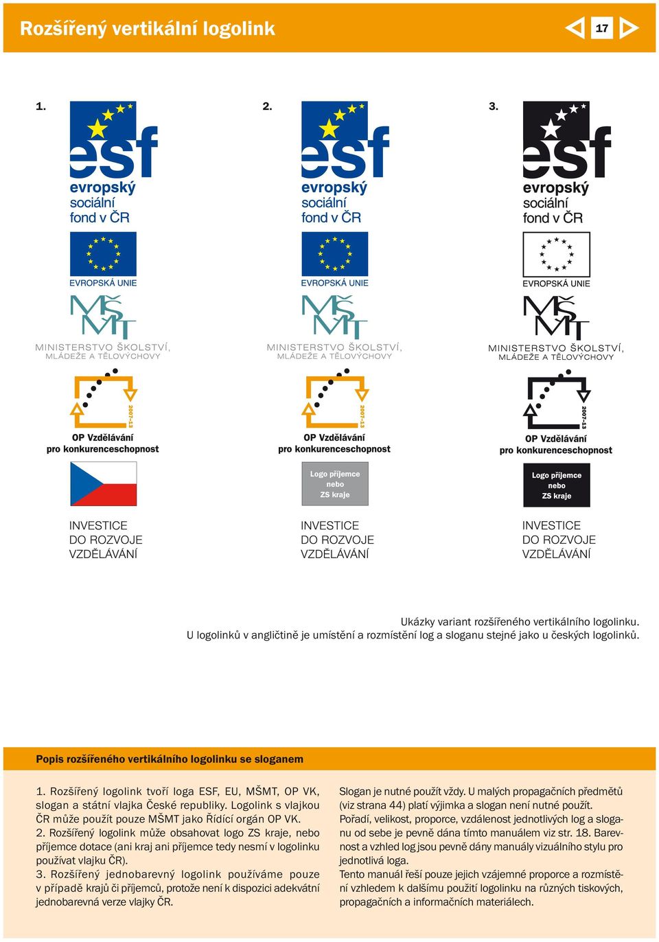 Rozšířený logolink tvoří loga ESF, EU, MŠMT, OP VK, slogan a státní vlajka České republiky. Logolink s vlajkou ČR může použít pouze MŠMT jako Řídící orgán OP VK. 2.