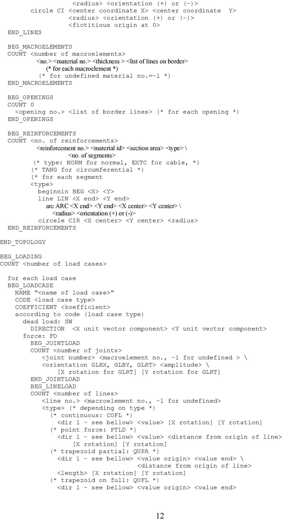 > <list of border lines> (* for each opening *) END_OPENINGS BEG_REINFORCEMENTS COUNT <no. of reinforcements> <reinforcement no.> <material id> <section area> <type> \ <no.