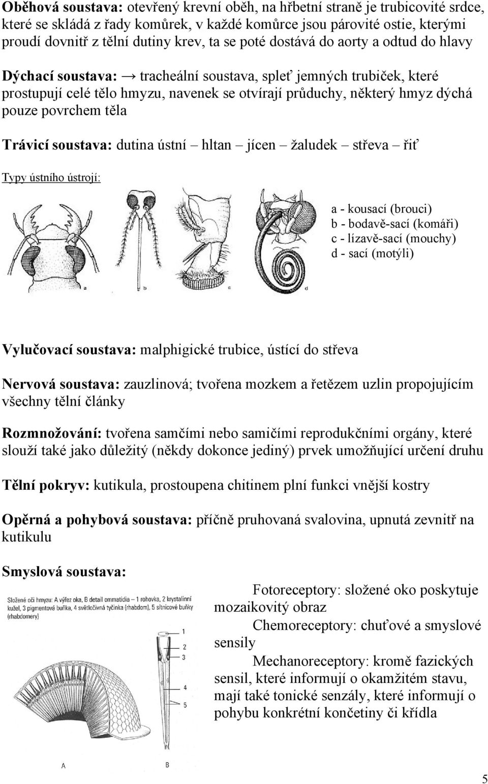 těla Trávicí soustava: dutina ústní hltan jícen žaludek střeva řiť Typy ústního ústrojí: a - kousací (brouci) b - bodavě-sací (komáři) c - lízavě-sací (mouchy) d - sací (motýli) Vylučovací soustava: