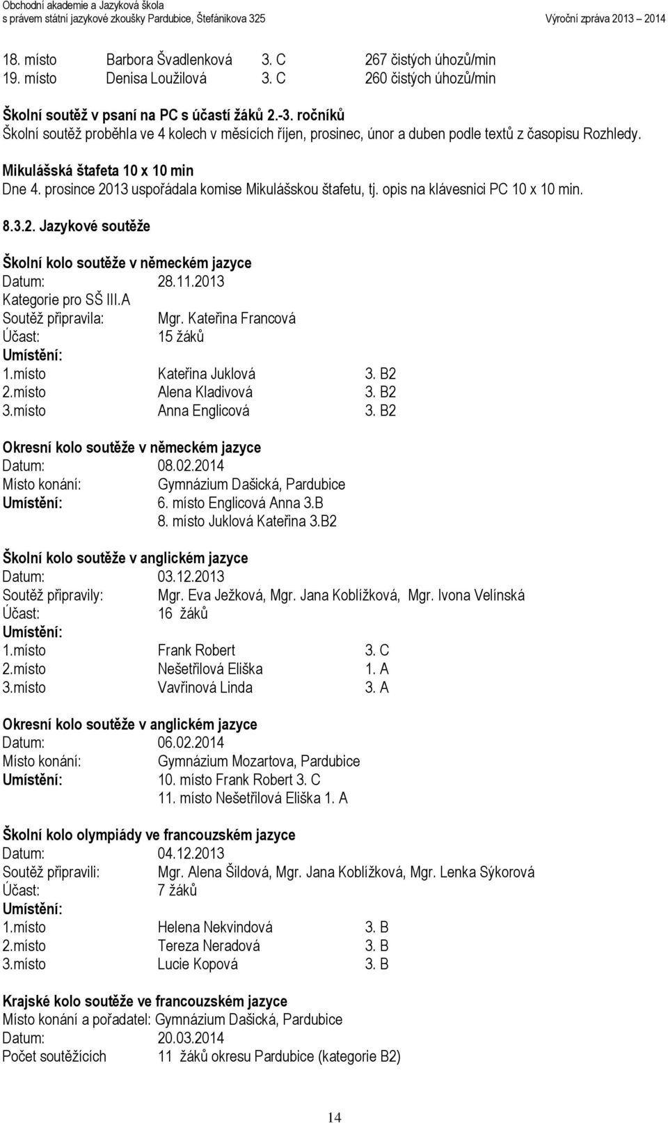 prosince 2013 uspořádala komise Mikulášskou štafetu, tj. opis na klávesnici PC 10 x 10 min. 8.3.2. Jazykové soutěže Školní kolo soutěže v německém jazyce Datum: 28.11.2013 Kategorie pro SŠ III.