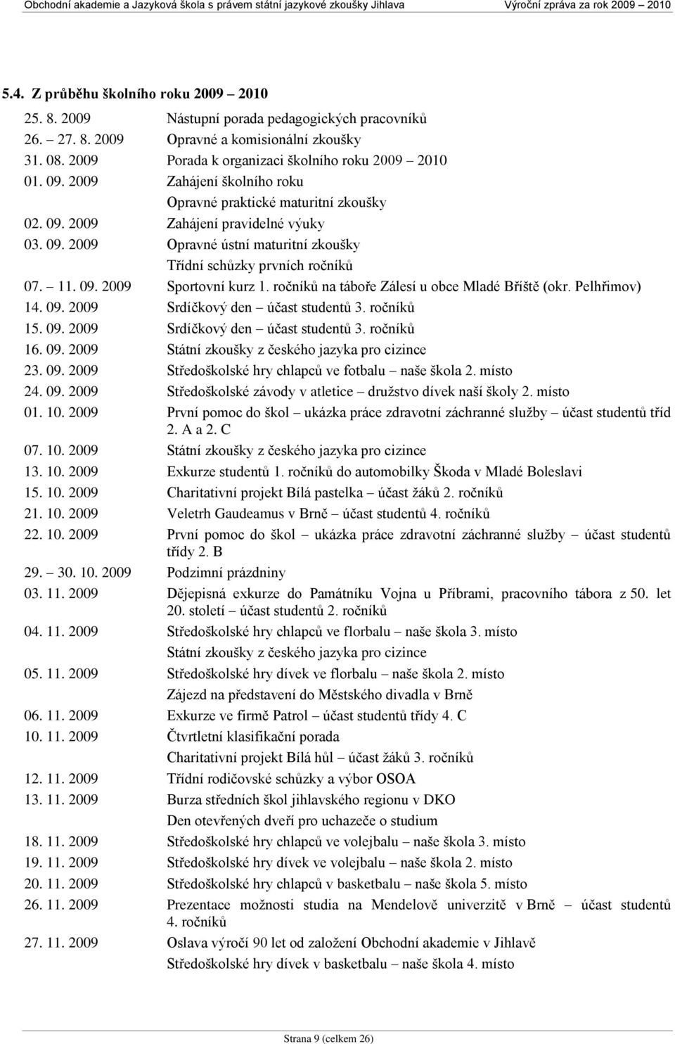 ročníků na táboře Zálesí u obce Mladé Bříště (okr. Pelhřimov) 14. 09. 2009 Srdíčkový den účast studentů 3. ročníků 15. 09. 2009 Srdíčkový den účast studentů 3. ročníků 16. 09. 2009 Státní zkoušky z českého jazyka pro cizince 23.