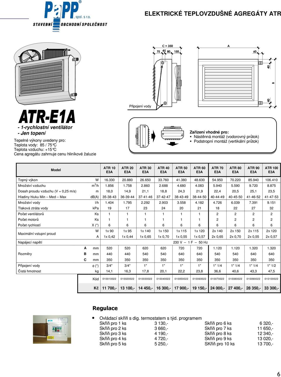 330 20.880 26.650 33.760 41.380 48.630 54.950 70.220 85.940 106.410 ATR 40 E3A ATR 50 E3A ATR 60 E3A ATR 70 E3A ATR 80 E3A ATR 90 E3A ATR 100 E3A Ovládací skříň s dig. termostatem s týd.