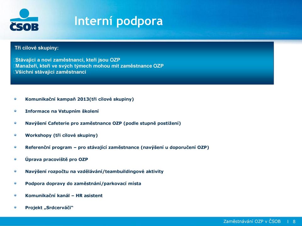 postižení) Workshopy (tři cílové skupiny) Referenční program pro stávající zaměstnance (navýšení u doporučení OZP) Úprava pracoviště pro OZP Navýšení