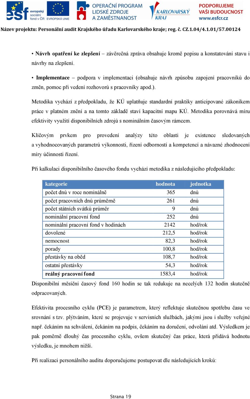 Metodika vychází z předpokladu, ţe KÚ uplatňuje standardní praktiky anticipované zákoníkem práce v platném znění a na tomto základě staví kapacitní mapu KÚ.