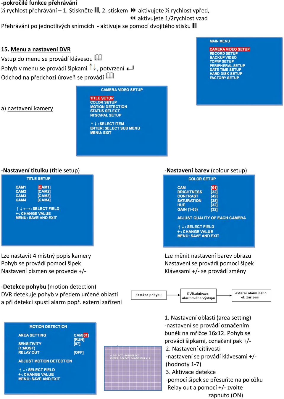 Menu a nastavení DVR Vstup do menu se provádí klávesou Pohyb v menu se provádí šipkami, potvrzení Odchod na předchozí úroveň se provádí a) nastavení kamery -Nastavení titulku (title setup) -Nastavení
