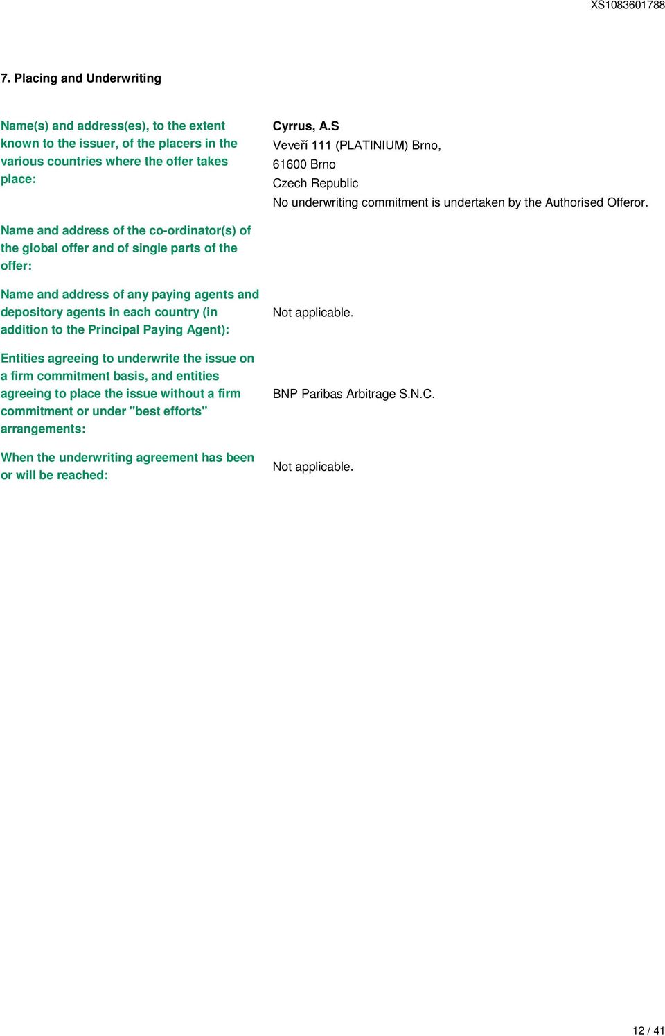 Name and address of the co-ordinator(s) of the global offer and of single parts of the offer: Name and address of any paying agents and depository agents in each country (in addition to the