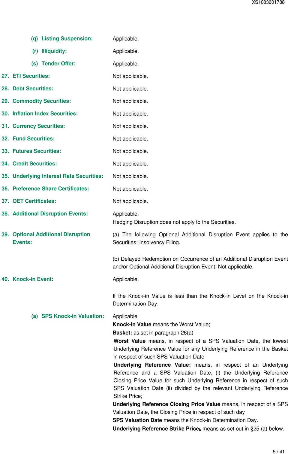 Additional Disruption Events: Applicable. Hedging Disruption does not apply to the Securities. 39.