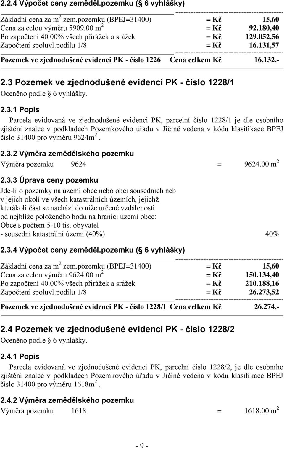 3 Pozemek ve zjednodušené evidenci PK - číslo 1228/1 Oceněno podle 6 vyhlášky. 2.3.1 Popis Parcela evidovaná ve zjednodušené evidenci PK, parcelní číslo 1228/1 je dle osobního zjištění znalce v