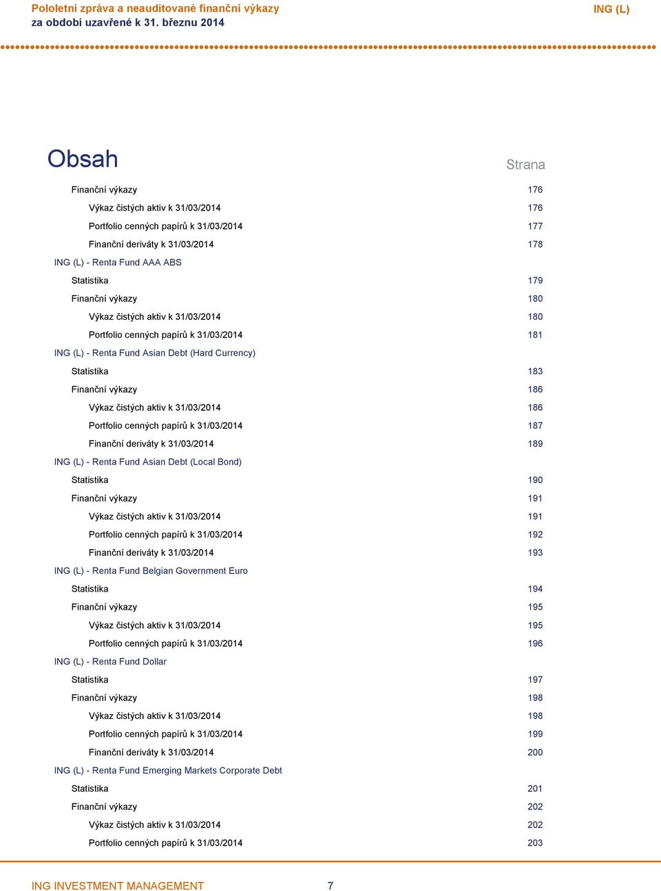 Portfolio cenných papírů k 31/03/2014 187 Finanční deriváty k 31/03/2014 189 Renta Fund Asian Debt (Local Bond) Statistika 190 Finanční výkazy 191 Výkaz čistých aktiv k 31/03/2014 191 Portfolio
