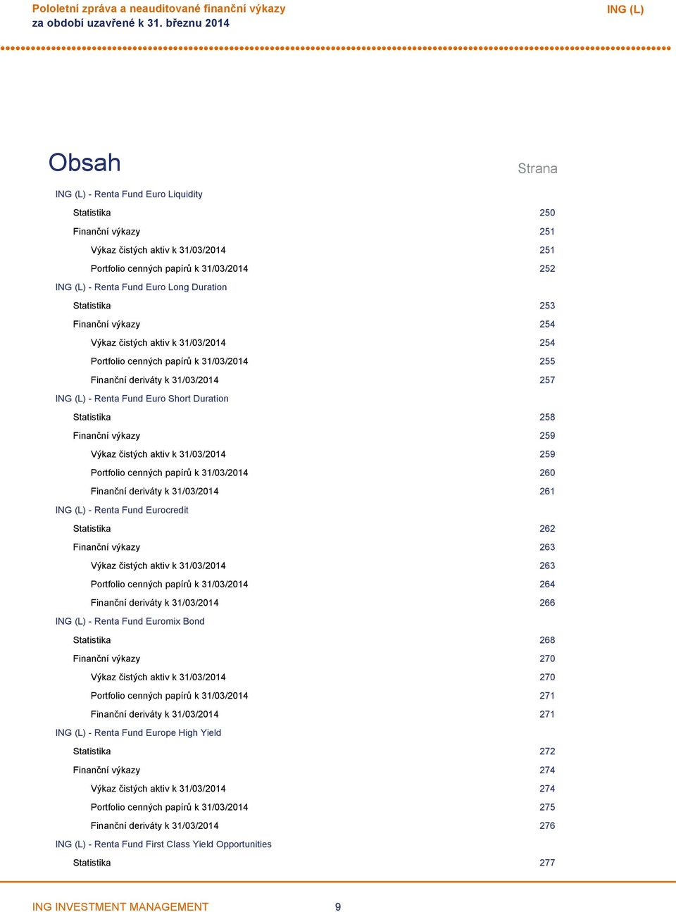 Výkaz čistých aktiv k 31/03/2014 259 Portfolio cenných papírů k 31/03/2014 260 Finanční deriváty k 31/03/2014 261 Renta Fund Eurocredit Statistika 262 Finanční výkazy 263 Výkaz čistých aktiv k