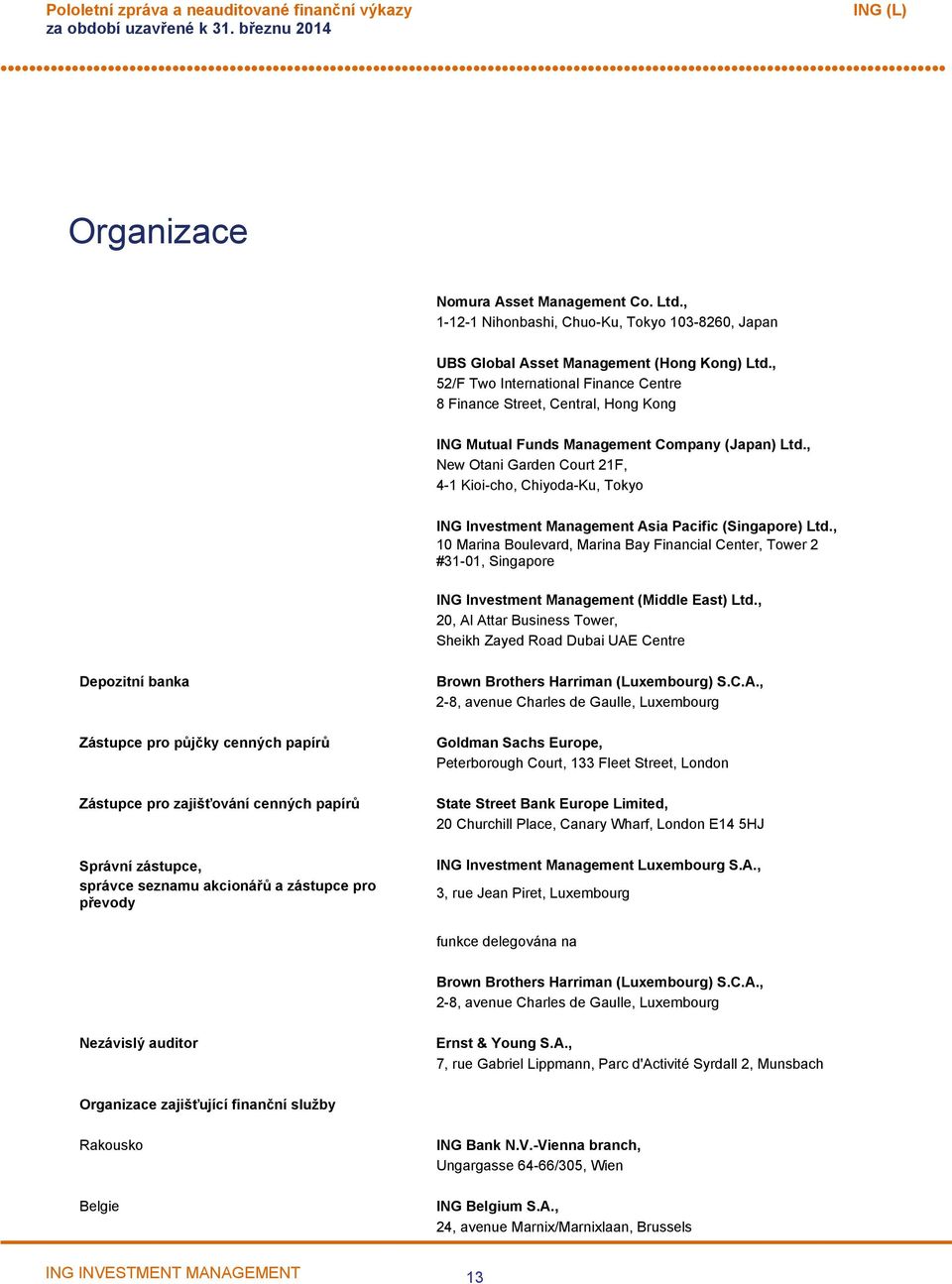 , New Otani Garden Court 21F, 41 Kioicho, ChiyodaKu, Tokyo ING Investment Management Asia Pacific (Singapore) Ltd.