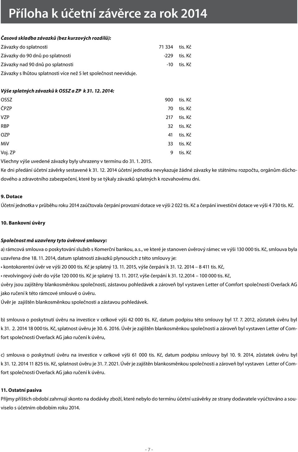 Kč MiV 33 tis. Kč Voj. ZP 9 tis. Kč Všechny výše uvedené závazky byly uhrazeny v termínu do 31. 1. 2015. Ke dni předání účetní závěrky sestavené k 31. 12.