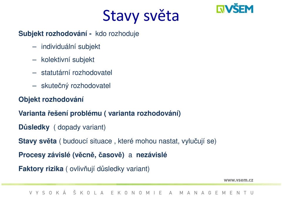 varianta rozhodování) Důsledky ( dopady variant) Stavy světa ( budoucí situace, které mohou