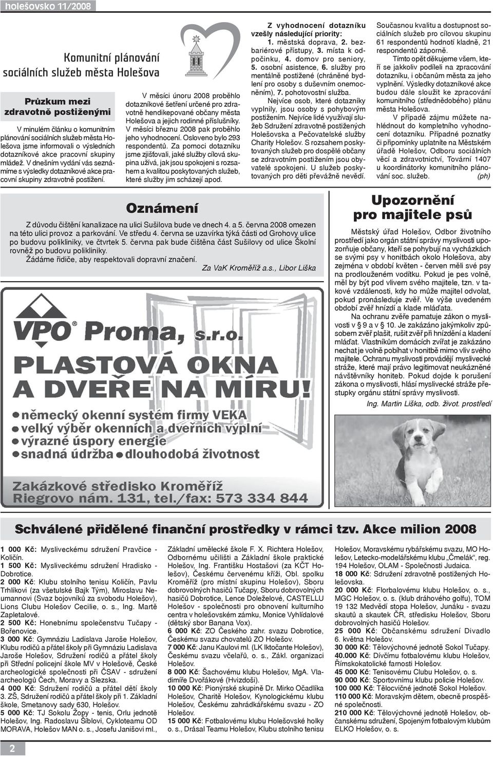 V měsíci únoru 2008 proběhlo dotazníkové šetření určené pro zdravotně hendikepované občany města Holešova a jejich rodinné příslušníky. V měsíci březnu 2008 pak proběhlo jeho vyhodnocení.