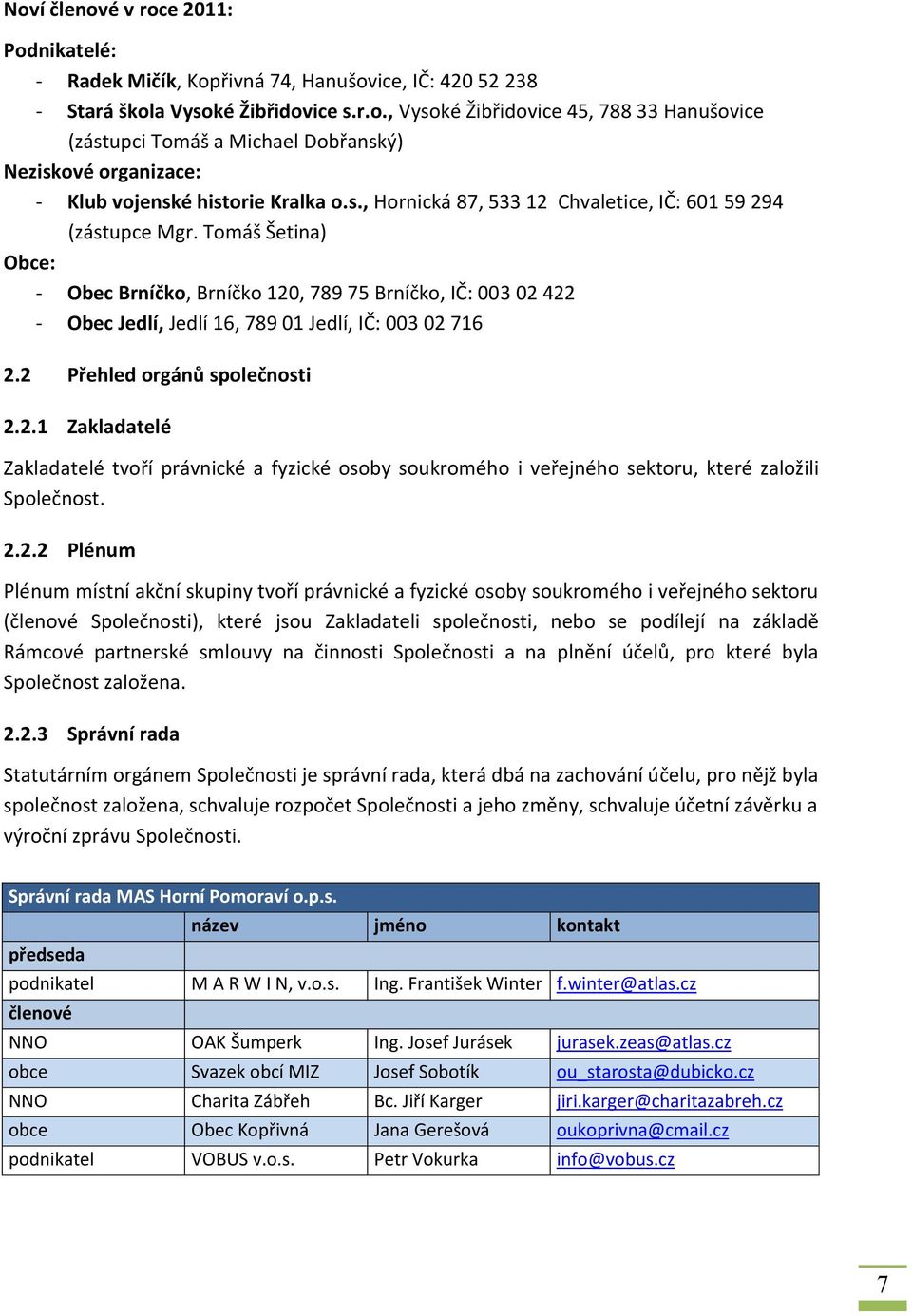 Tomáš Šetina) Obce: - Obec Brníčko, Brníčko 120, 789 75 Brníčko, IČ: 003 02 422 - Obec Jedlí, Jedlí 16, 789 01 Jedlí, IČ: 003 02 716 2.2 Přehled orgánů společnosti 2.2.1 Zakladatelé Zakladatelé tvoří právnické a fyzické osoby soukromého i veřejného sektoru, které založili Společnost.